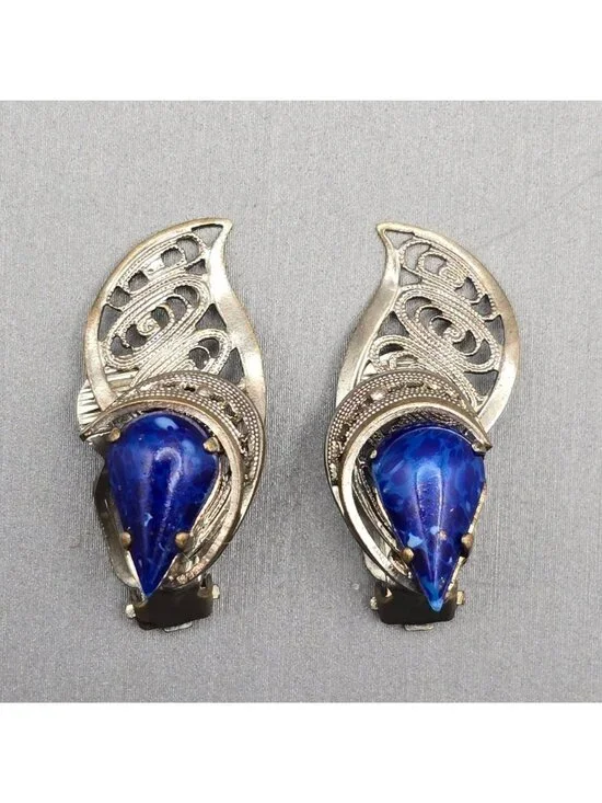 Vintage West German Silver Filigree Clip On Earrings Blue Art Glass 1950s - Picture 9 of 10